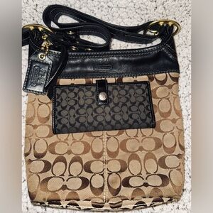 Coach Tan and Black Signature Shoulder Bag and Coach Wallet